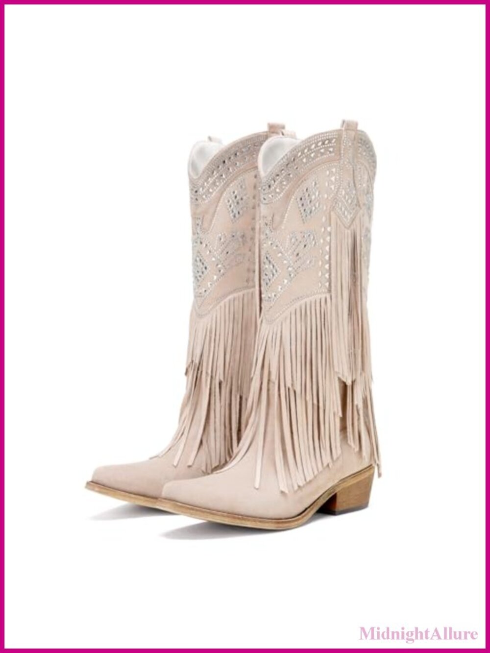 Women's Knee High Cowgirl Boots Fringe Rhinestone Chunky Heel Pointed Toe